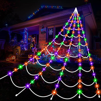 Halloween Decorations Spider Webs Lights: 150 Purple & Orange & Green LED Halloween Lights Decor Outdoor, 17.4Ft Giant Spiderweb with 8 Lighting Modes Waterproof & Timer, Yard Spider Web Decoration