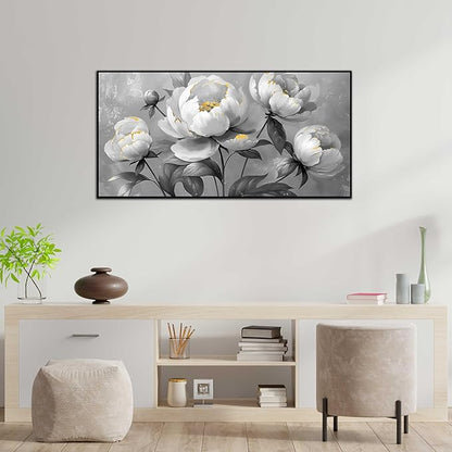 Large Black and White Flower Canvas Wall Art With Black Wood Frames for Living Room Bedroom Home Office Modern Canvas Prints Framed Canvas Wall Art Size 30x60