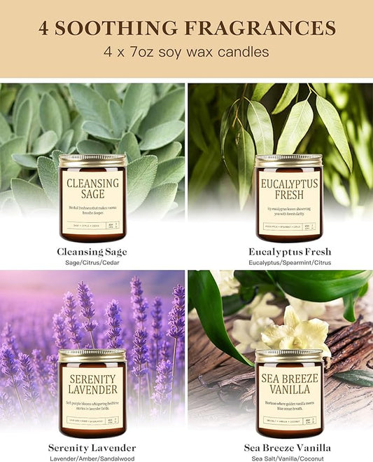 4 Pack Scented Candles for Home Scented: 28oz Soy Candles for Women, Up to 200H Burning, Aromatherapy Candle Set, Jar Candle Gift Set for Birthday Christmas, Scents of Sage/Vanilla/Lavender/Eucalyptus