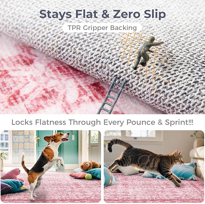 OPPODREAM Thin Vintage Pink 2x10 Runner Rug, 2 x 10 Retro Washable Rug Non Slip, Low-Pile Faux Wool Carpet, Distressed Floor Mat for Kitchen, Hallway, Entry-Way, Entrance, Indoor Back Door
