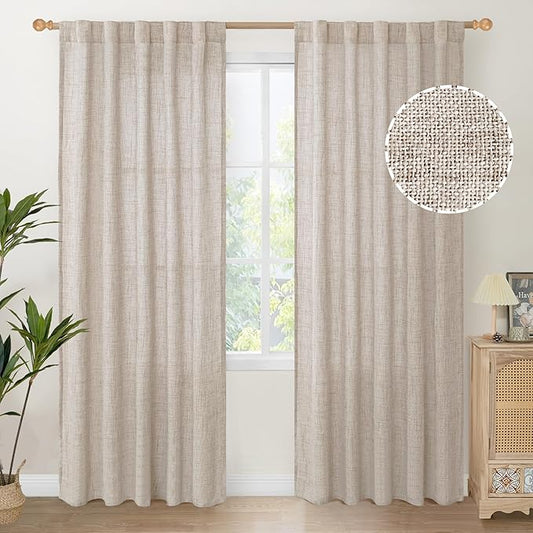 YoungsTex Natural Linen Curtains 84 Inches for Living Room Back Tab and Rod Pocket Textured Window Drapes for Bedroom Dining Farmhouse Light Filtering, 42 X 84 Inch, 2 Panels