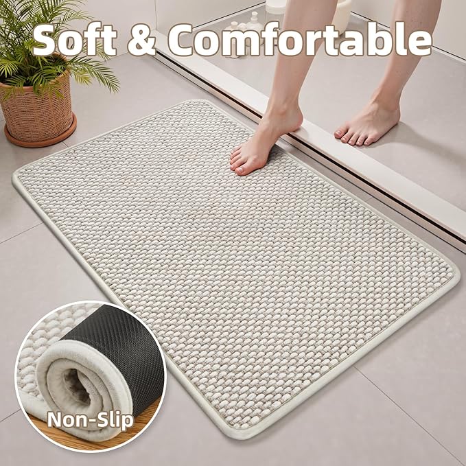 PADOOR-Bath Mat-Super Absorbent Chenille Bathroom Mats-Rubber Backed Bath Mats for Bathroom Non Slip, Easy Clean Bathroom Rugs Front of Bathtub,Shower Room,Sink-17×28, Beige&Cream