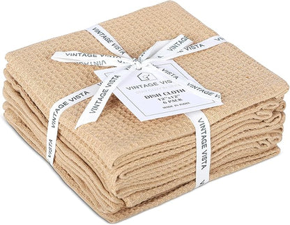 Vintage Vista 100% Cotton Waffle Dish Cloths (Pack of 6) - Dish Rags for Washing Dishes - Reusable & Highly Absorbent Kitchen Towels - Kitchen Rags for Christmas - (12" x 12" - Beige)
