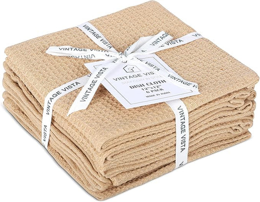 Vintage Vista 100% Cotton Waffle Dish Cloths (Pack of 6) - Dish Rags for Washing Dishes - Reusable & Highly Absorbent Kitchen Towels - Kitchen Rags for Christmas - (12" x 12" - Beige)