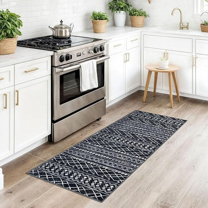 KUTA Boho Vintage Hallway Runners 2x5 ft Black Moroccan Washable Runner Rug Non-Slip Kitchen Rug Ultra Soft Distressed Geometric Floor Carpet for Bedroom Laundry Living Room