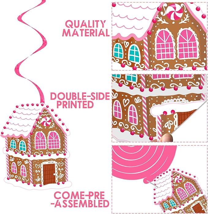 Christmas Gingerbread Man Party Hanging Swirl Decorations 20PCS Pink Merry Gingerbread House Christmas Tree Ceiling Decor Xmas Candy Hanging Streamers for Girls Winter Holiday Party Supplies