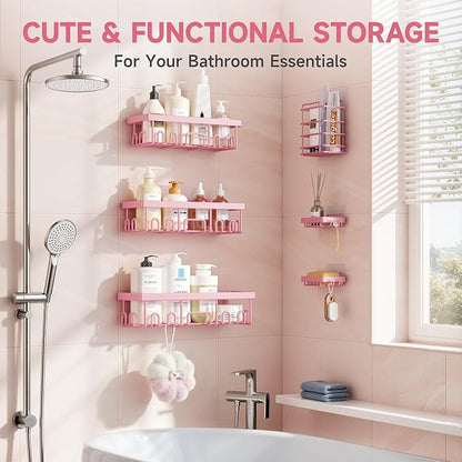 Veken Large Capacity Shower Caddy 6-Pack, No Drilling & Rustproof, Adhesive Shower Shelves with Soap Holder, Bathroom Organizers and Storage, Wall-Mounted Kitchen & Home Decor, Pink