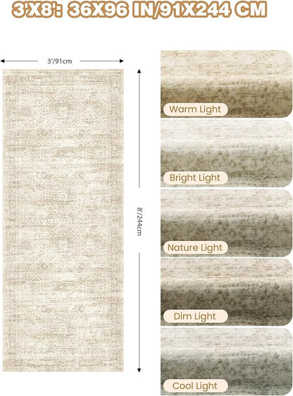 3x8 Runner Rug Non Slip Washable for Entryway, Vintage Hallway Runner for Front Porch, Laundry Room, Bedroom, Abstract Stain Resistant Thin Indoor Kitchen Mats for Floor(3'x8', Beige/Ivory)