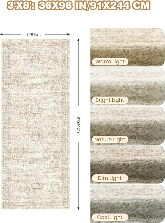 3x8 Runner Rug Non Slip Washable for Entryway, Vintage Hallway Runner for Front Porch, Laundry Room, Bedroom, Abstract Stain Resistant Thin Indoor Kitchen Mats for Floor(3'x8', Beige/Ivory)