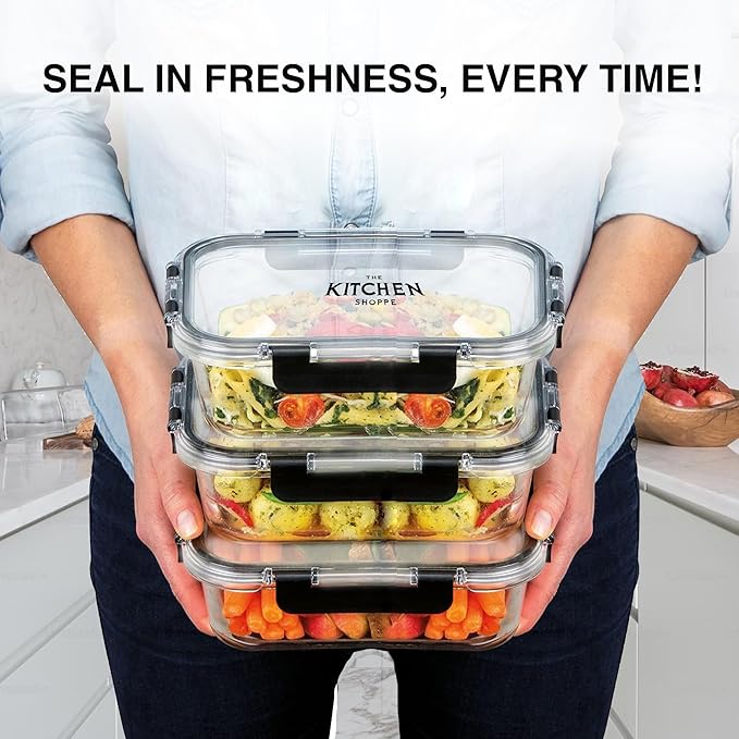 KITCHEN SHOPPE 24-Piece Glass Food Storage Containers with Hinged Lock Lids | Airtight Containers for Meal Prep, Lunch or Leftovers | Oven/Freezer & Dishwasher Safe | Glass Tupperware Set