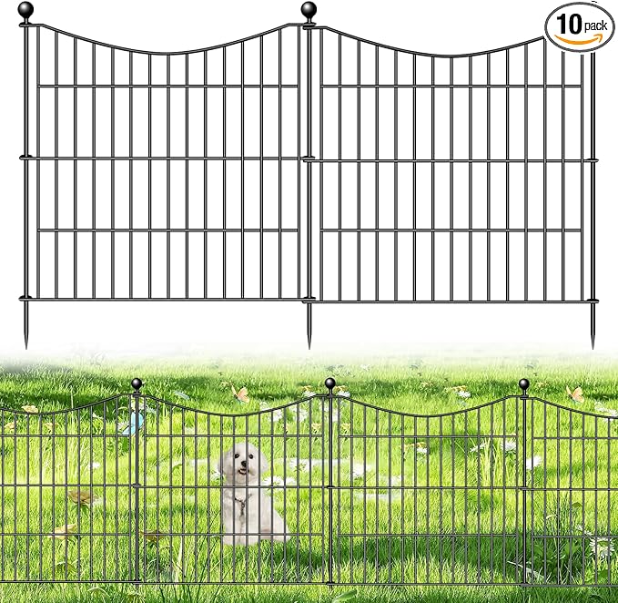 10 Panels No Dig Dog Fence Outdoor for Yard, 24 in(H) X 20 ft(L) Decorative Tall Garden Fence Animal Barrier, Rustproof Metal Wire Garden Edging and Borders, Temporary Fencing Stakes
