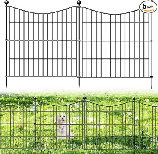 5 Panels No Dig Dog Fence Outdoor for Yard, 24 in(H) X 10 ft(L) Decorative Tall Garden Fence Animal Barrier, Rustproof Metal Wire Garden Edging and Borders, Temporary Fencing Stakes
