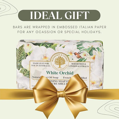 Wavertree & London White Orchid Scented Natural Soap Bar, 7oz Moisturizing French Triple Milled Soap Bar for Women & Men Enriched with Organic Shea Butter, Pure Bath & Body Soap (1 Bar)