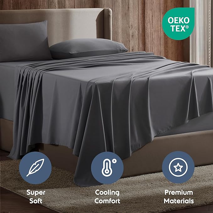 Nestl Queen Sheet Set - Luxury 1800 Ultra-Soft Microfiber Bed Sheets - Double Brushed - Deep Pockets - Easy Fit - 4 Piece Set - Bedding Sheets & Pillowcases (Queen, Dark Grey)
