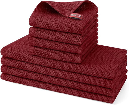 Kitinjoy 100% Cotton Kitchen Towels and Dishcloths Set, 8 Pack Waffle Weave Dish Towels Ultra Soft Absorbent Quick Drying Dish Rags, 13 x 28 Inch and 12 X 12 Inch, Burgundy
