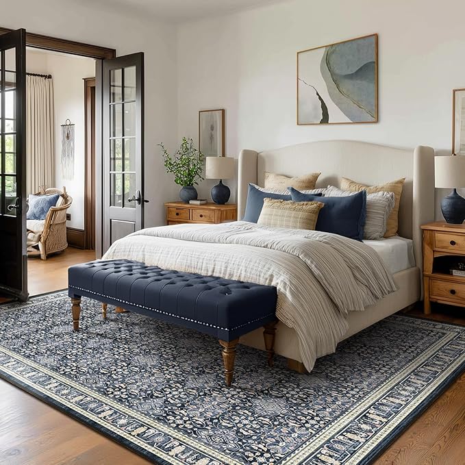 Dark Blue 7x9 Rugs for Bedroom, Washable Non Slip Low Pile Thin Area Rug for Living Room Dining Room, Carpet Rug for Playroom Guest Room Home Office, Transitional Moroccan Floral Trellis