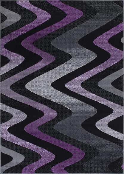 Allstar 8x10 Grey and Gainsboro Grey Modern and Contemporary Rectangular Accent Rug with Purple and Charcoal Grey Wavy Zigzag Design (7' 9" x 9' 8")