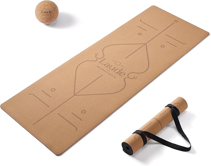 Laude Cork Yoga Mat + Ball Set – Sustainable Non Slip Yoga Mat with Strap – Thick Yoga Mat, Pilates Mat Thick & Workout Mat – Eco-Friendly Cork & Rubber Mat with Alignment Lines, Superior Grip, Sweat-Resistant & Durable 72"x26"