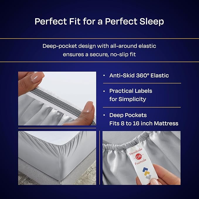 California Design Den Deep Pocket King Sheet Set - Luxury 1000 Thread Count Sateen, Thick and Natural 100% Cotton Cooling Sheets, Soft, Breathable and Durable Bedding Set - Light Grey