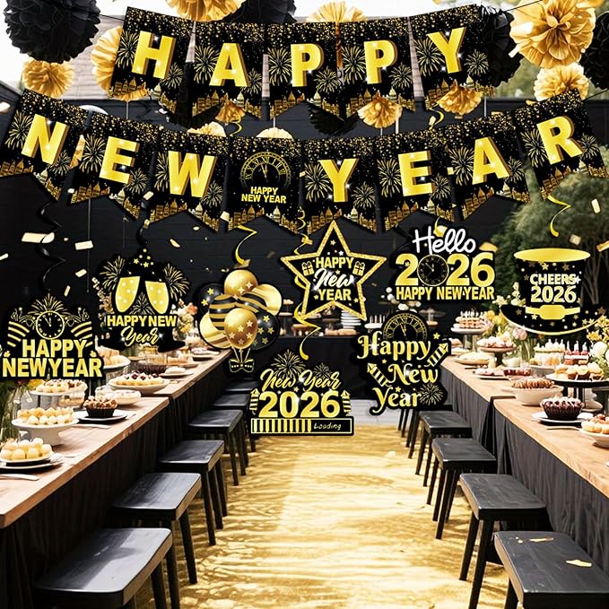 Happy New Year Banner & Hanging Swirls, 2026 Black and Gold Happy New Years Paper Banner Ceiling Swirl Streamers for New Years Eve Party Supplies