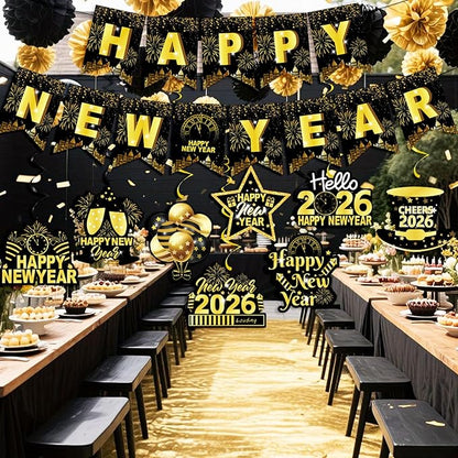 Happy New Year Banner & Hanging Swirls, 2026 Black and Gold Happy New Years Paper Banner Ceiling Swirl Streamers for New Years Eve Party Supplies
