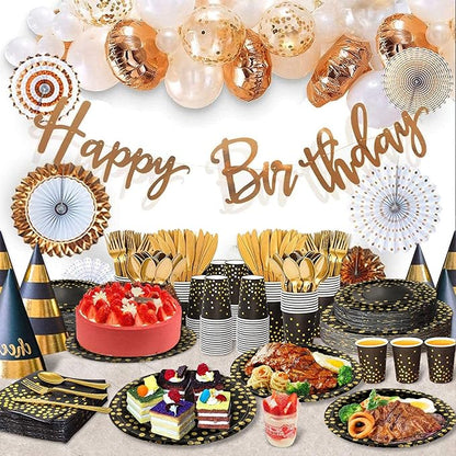 AIRE 175PCS Black and Gold Paper Plates Party Supplies for 25 Guests Disposable Party Decorations Dinnerware Golden Dot Black Paper Plates Napkins Cups Gold Plastic Forks Knives Spoons for Parties