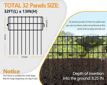 32 Panels Animal Barrier Fence No Dig, 32ft(L) X 13in(H) 1.2in Gap Rabbit Fences Ground Defense Border Small Metal Fencing, Dog Blocker Under Barriers for Garden, Flower Bed, Patio