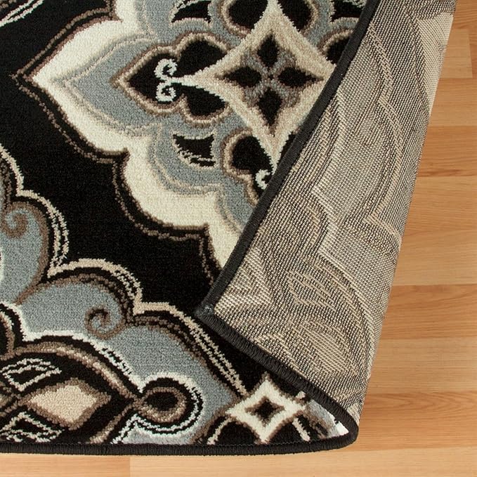 Superior Indoor Area Rug, Jute Backing, Medallion Rugs for Dining, Kitchen Floors, Office, Plush Floor Cover, Traditional Aesthetic, Crawford Collection, 8' x 10', Black