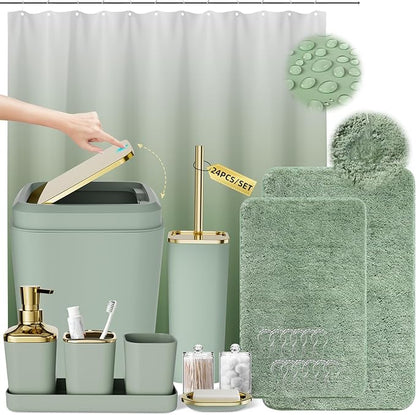 Sage Green Bathroom Set - 24PC Bathroom Sets with Shower Curtain and Rugs, Sage Green Bathroom Accessories Set with Press-on Lid Bathroom Trash Can, Soap Dispenser