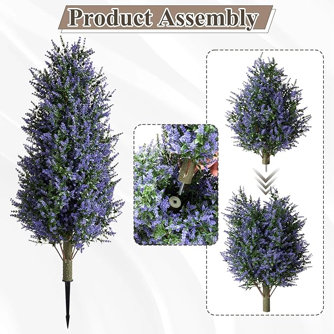 Christmas Artificial Lavender Cone Topiary Trees with Spike, 2 Pack UV Resistant & Anti Lodging Artificial Shrubs, 3FT Fake Evergreen Artificial Plant Brush for Indoor Outdoor Front Porch Garde
