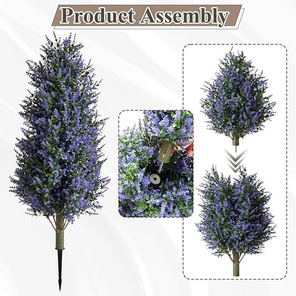 Christmas Artificial Lavender Cone Topiary Trees with Spike, 2 Pack UV Resistant & Anti Lodging Artificial Shrubs, 3FT Fake Evergreen Artificial Plant Brush for Indoor Outdoor Front Porch Garde