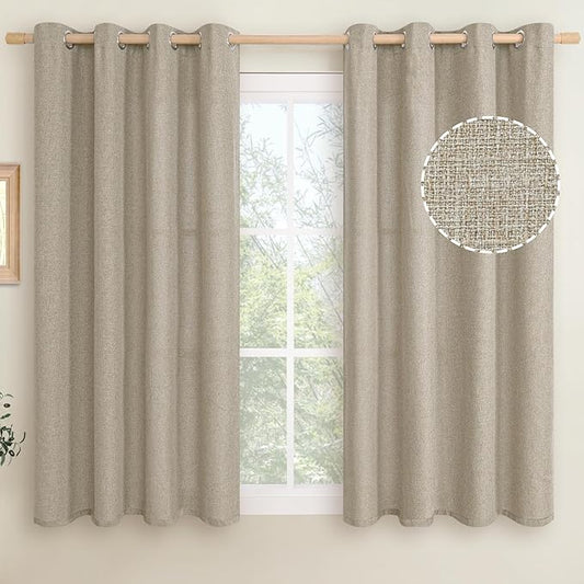 LAMIT Natural Linen Curtains 45 inch Length 2 Panels, Linen Textured Thermal Insulated Bedroom Curtains Grommet Privacy Burlap Light Filtering Drapes for Living Room/Farmhouse, W52 x L45, Taupe