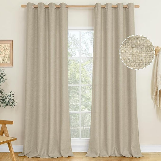 LAMIT Natural Linen Thermal Curtains for Living Room, 108 inches Grommet Thick Light Reducing Curtains Light Filtering Window Panels for Bedroom/Farmhouse, Set of 2 Panels, W52 x L108, Camel