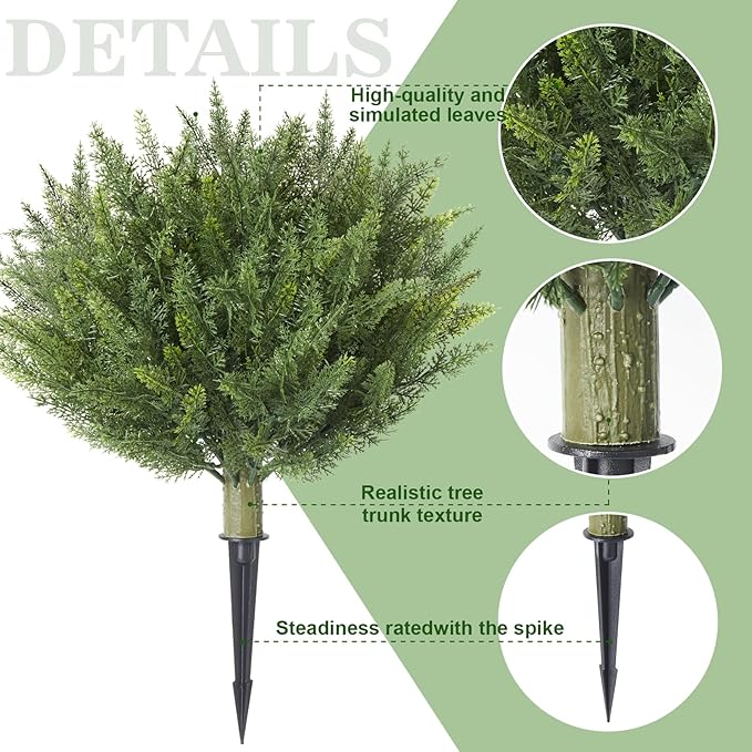 15.7" Fake Shrubs, Artificial Cedar Ball Tree Plant, 4 Packs of Fake Cedar Outdoor shrubs with Ground Spike, UV Resistant Fake shrubs, Used for Indoor and Outdoor Front Porch Gardens