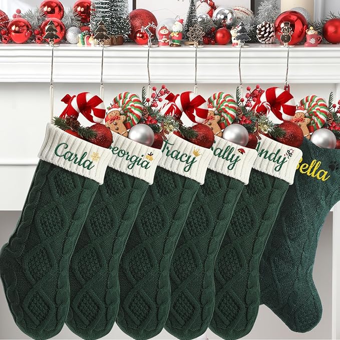 Personalized Christmas Stockings,Custom Embroidered Name+Logo Xmas Knitted Stockings 18'',Holiday and Family Stocking for Fireplace Christmas Holiday Party Decoration 1-6Pack（Green White）