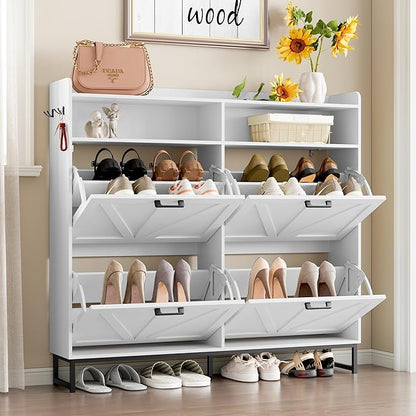 Shoe Cabinet with 4 Flip Drawers Narrow Shoe Storage Cabinet Organizer Wooden Freestanding Shoe Rack Hidden Slim Shoes Storage Cabinet for Entryway, Hallway, Living Room, Bedroom