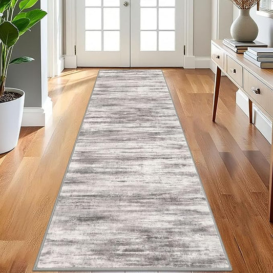KOZYFLY 3x8 Ft Rug Modern Ombre Runner Rug for Hallway, Washable Kitchen Rugs Non-Slip Soft Striped Entryway Rug, Print Grey-Beige Abstract Carpet for Laundry Nursery