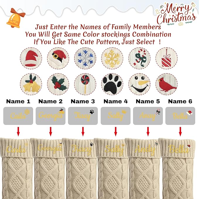 Personalized Christmas Stockings,Custom Embroidered Name+Logo Xmas Knitted Stockings 18'',Holiday and Family Stocking for Fireplace Christmas Holiday Party Decoration 1-6Pack（Flax）