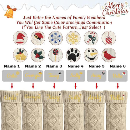 Personalized Christmas Stockings,Custom Embroidered Name+Logo Xmas Knitted Stockings 18'',Holiday and Family Stocking for Fireplace Christmas Holiday Party Decoration 1-6Pack（Flax）