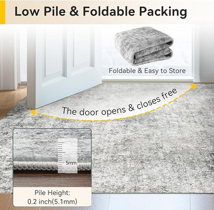 Washable Area Rugs 6'x9' Non-Slip Modern Abstract Soft for Living Room Entryway Bedroom Nursery, Print Pattern, Gray White Grey