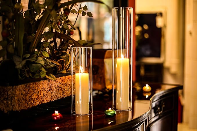 CYS EXCEL 2 PCS (H:16" D:3") Open Ended Glass Hurricane Candleholder Tube Shade | Multiple Size Choices Open Flame Candle Chimney Tube Cover | Bottomless Cylinder