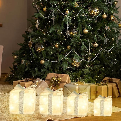 Christmas Lighted Gift Boxes Decorations Set of 4, 2.8Ft Stackable Christmas Nesting Boxes Battery Operated for Home and Party Decoration (8"-6"-5"-4", Silver Bow)