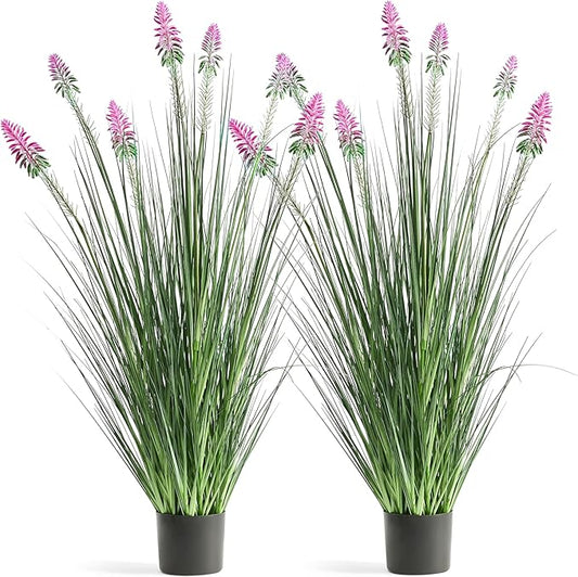 4ft 2-Pack Horsetail Reed Grass with Purple Cockscomb Flower, 48in Tall Indoor Outdoor Green Onions Fake Plants in Pot, Home Office Decorative Artificial Plant & Greenery, Wedding Décor