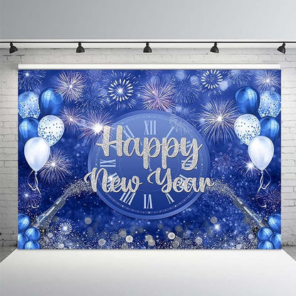 MEHOFOND 8x6ft Happy New Year Backdrop Blue 2026 New Year Eve Party Decorations Banner Supplies Shining Champagne Balloons Firework Photography Background New Years Eve Photo Studio Props