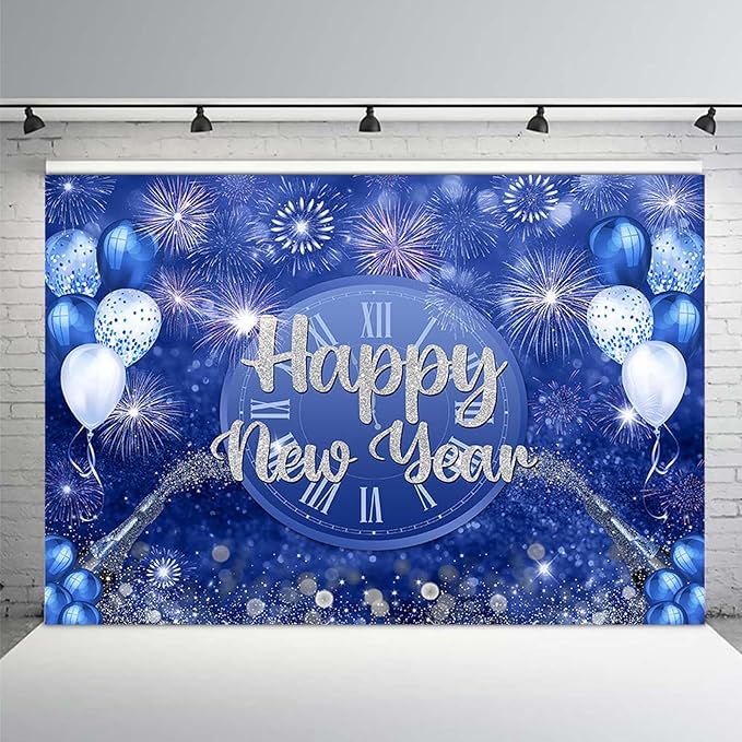 MEHOFOND 10x7ft Happy New Year Backdrop Blue 2026 New Year Eve Party Decorations Banner Supplies Shining Champagne Balloons Firework Photography Background Photo Studio Props