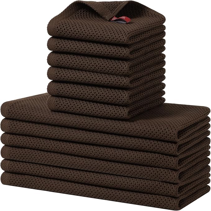 Homaxy 100% Cotton Kitchen Towels and Dishcloths Set, 12 x 12 Inches and 13 x 28 Inches, Set of 12 Bulk Kitchen Towels Set, Ultra Soft Absorbent Dish Cloths for Washing Dishes, Dark Brown