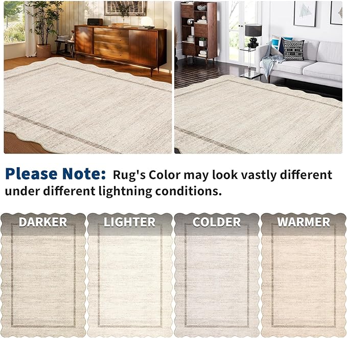 GarveeHome Scalloped Round Area Rugs, Washable Small Round Rug 3 ft Non-Slip Nursery Rug, Christmas Soft Solid Beige Circle Low Pile Stain Resistant Carpet for Bedroom Entryway Kitchen Bathroom