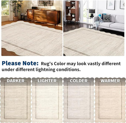 GarveeHome Scalloped Washable Runner Rug 2x10 Non Slip Kitchen Rugs Modern Blue Indoor Entryway Rug Farmhouse Soft Bath Mat Stain Resistant Carpet for Bedroom Hallway Laundry 2 ft x10 ft Beige