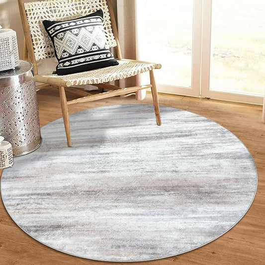 KOZYFLY Modern Abstract Round Area Rug 3Ft, Washable Kitchen Rug Non-Slip Soft Small Bathroom Circle Rug, Beige Striped Entryway Rugs Print Faux Wool Doormat for Bedside Entrance Bedroom Sink