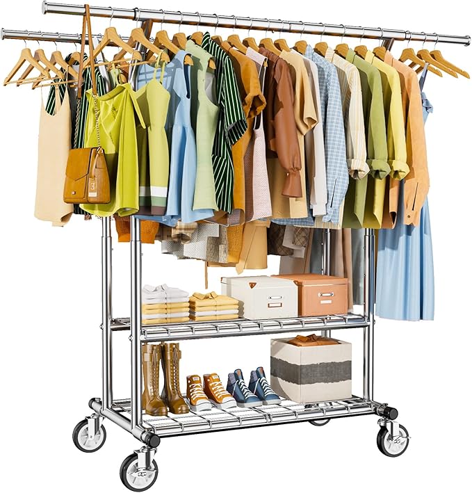 Heavy Duty Clothes Rack, Rolling Clothing Rack With Shelves Load 620 LBS, Double Rod Clothing Racks for Hanging Clothes , Portable& Adjustable Rack with Wheels Garment Rack (Large, Light Silver)